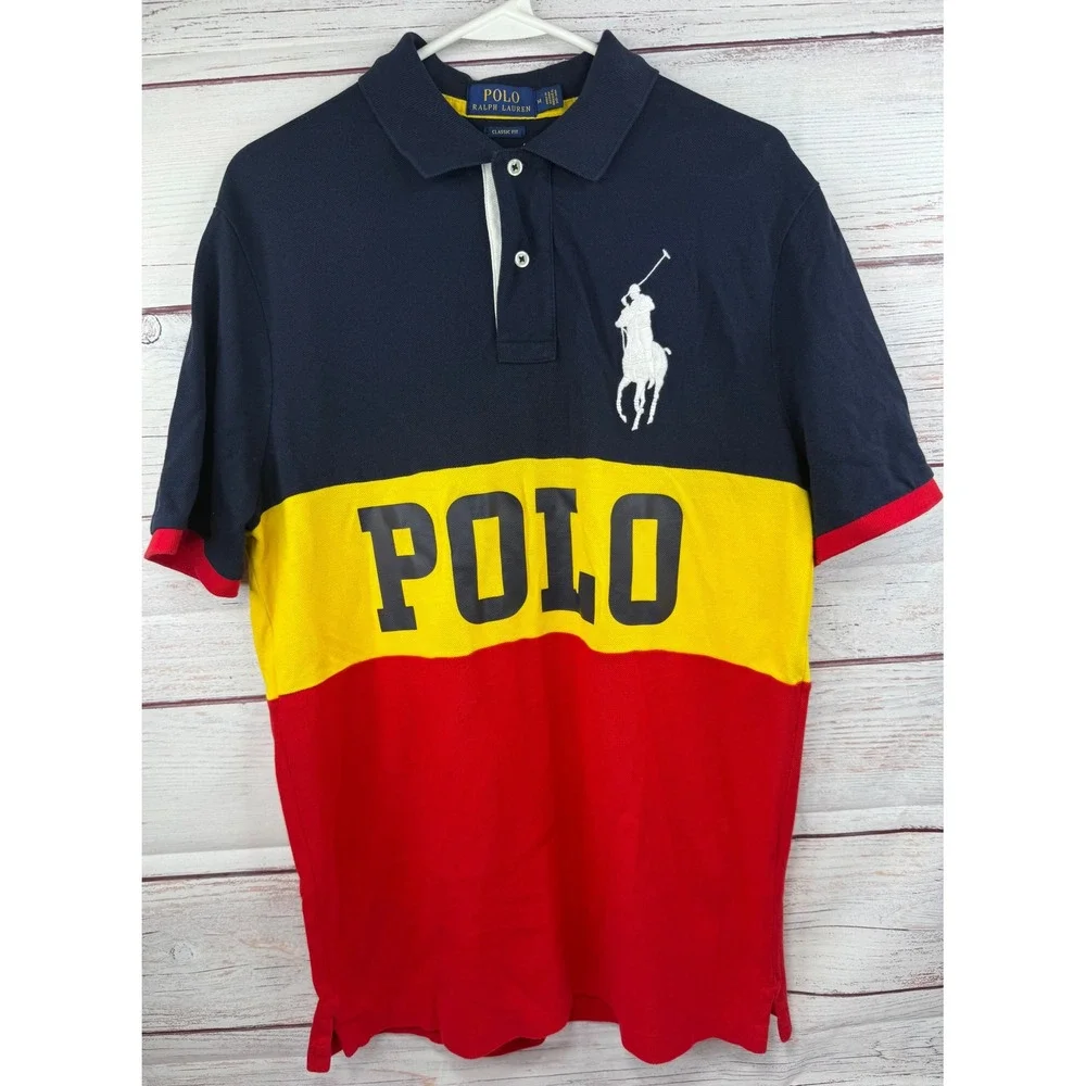 Polo Ralph Lauren Mens Big Pony Colorblock Polo Shirt Navy Yellow Red Medium